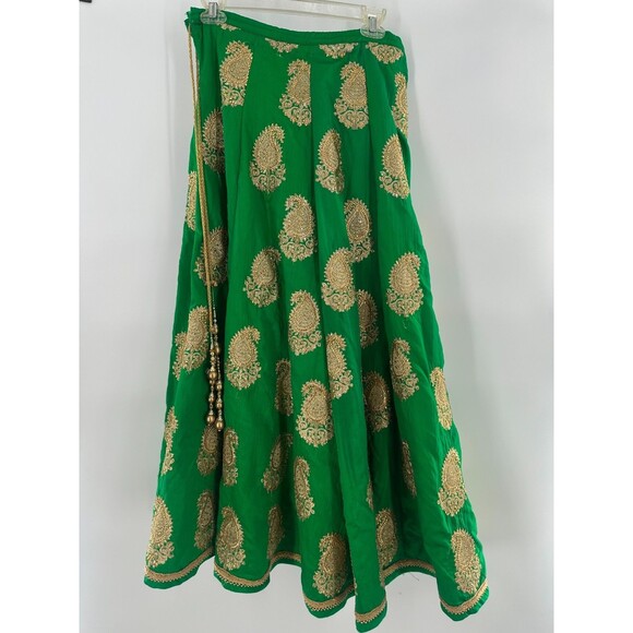 Unbranded Dresses & Skirts - Indian Lehenga Maxi Emerald Green Gold Paisley Embroidered Flare Skirt Sz Small